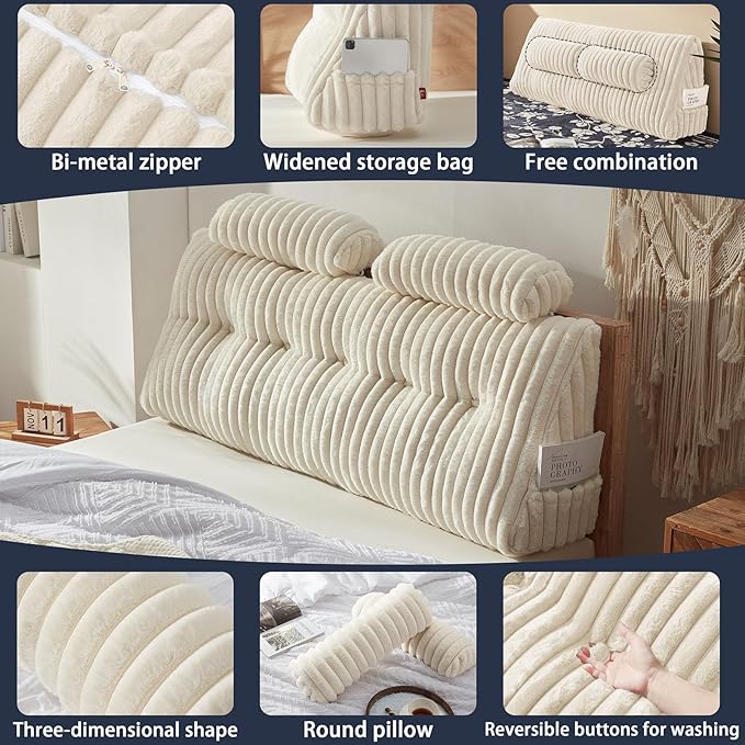 Faux Fur Headboard Pillow with 2 Pack Neck Roll Pillow Large Headboard Pillow Soft and Supportive with Removable Cover (Beige, Queen)