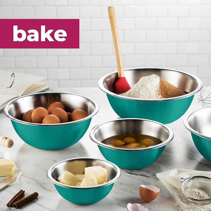 FineDine Stainless Steel Dishware Bowls - Easy To Clean, Nesting Bowls for Space Saving Storage, Great for Cooking, Baking, Prepping, 8 Quarts