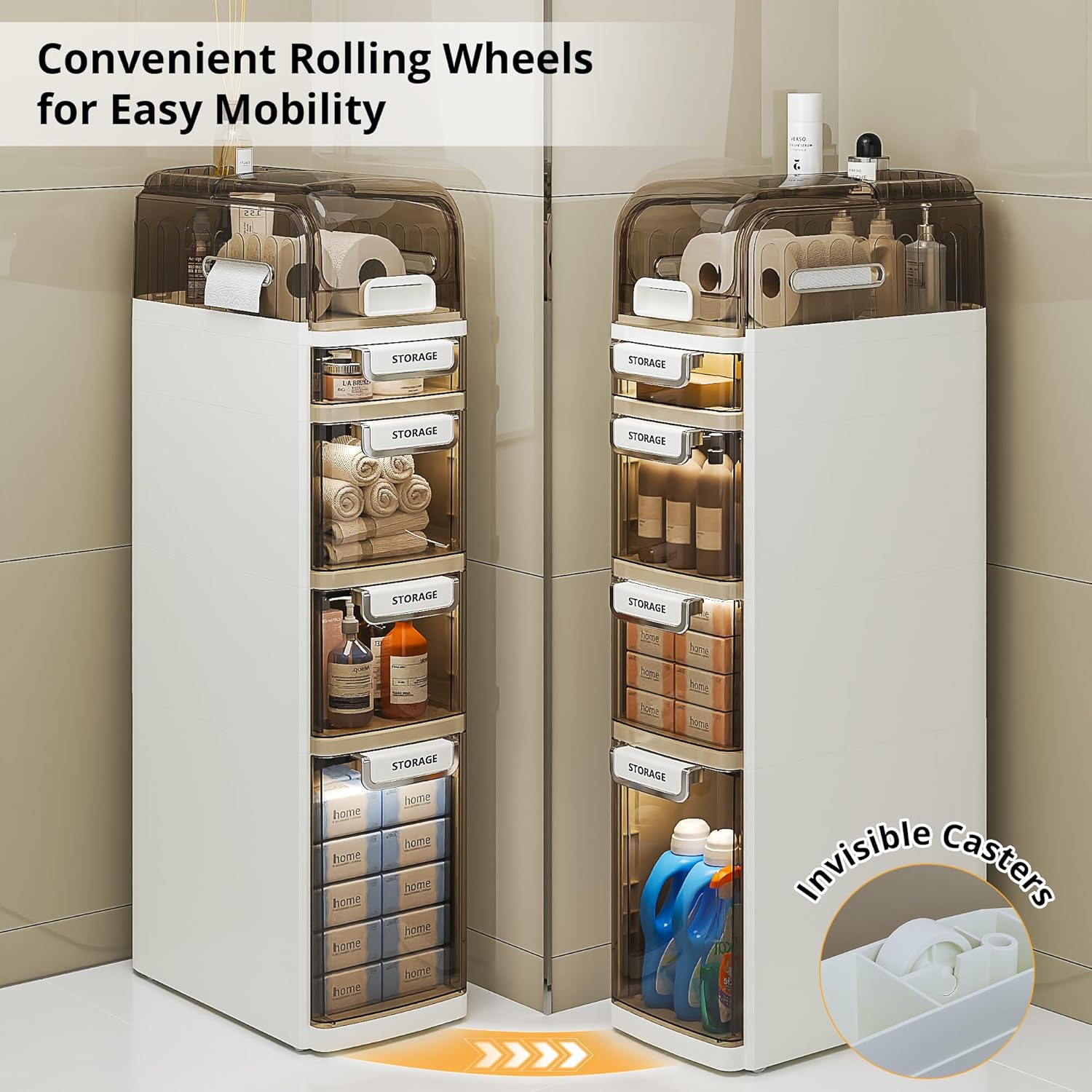 VECELO 5-Tier Narrow Beside Toilet Storage Cabinet, Plastic Bathroom Organizers and Storage with Drawers & Wheels, Space-Saving, Slim Toilet Paper Storage for Bathroom, Laundry Room, Small Space