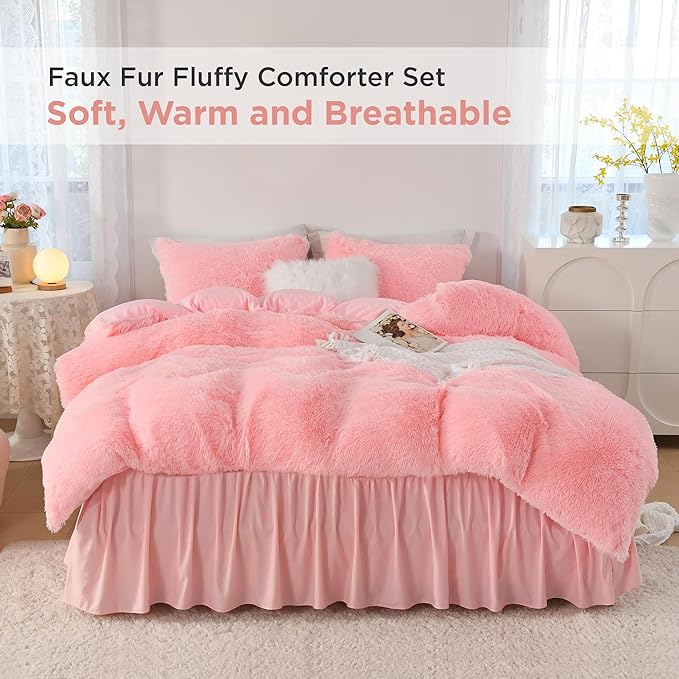 Litanika Fluffy Pink Comforter King Size, Luxury Shaggy Faux Fur Bedding Set Cute for Women Girls, Ultra Soft Velvet Plush Comforter King Bed 3 Pieces(1 Fuzzy Comforter 104×90 Inch, 2 Pillowcases)