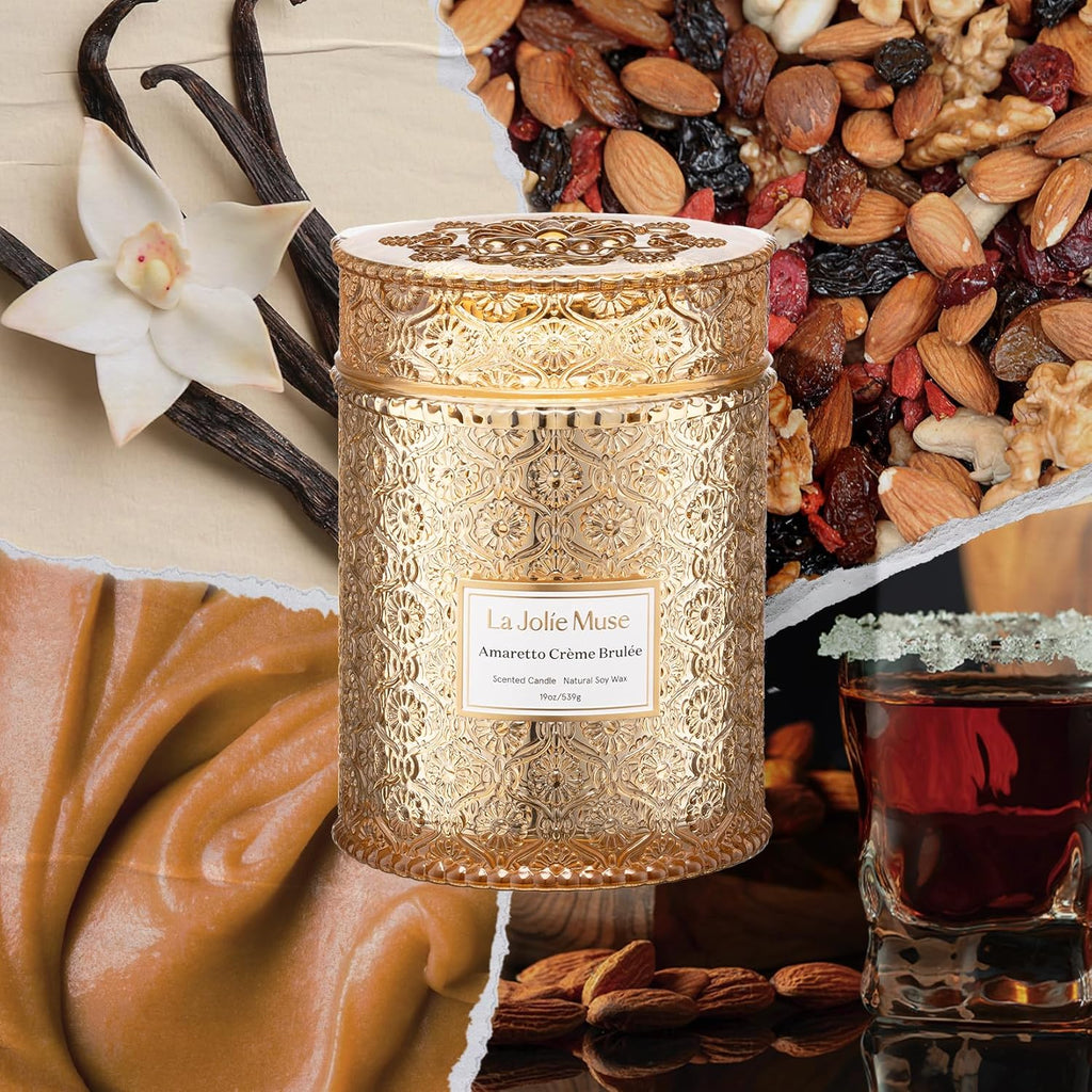LA JOLIE MUSE Fall Candle | Amaretto Crème Brûlée – Almond Liqueur, Dry Fruit & Caramel | 19 oz Wooden Wick Candle | 90 Hours Clean Burn | Luxury Candles for Self-Care & Gifting
