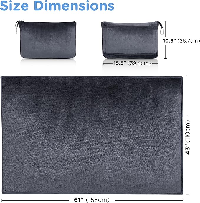 ATsense Travel Blanket Pillow, Premium 2 in 1 Soft Airplane Blanket Compact with Bag Pillowcase, Hand Luggage Sleeve and Backpack Clip - Travel Essentials for Long Trips, Flying and Car, Dark Grey