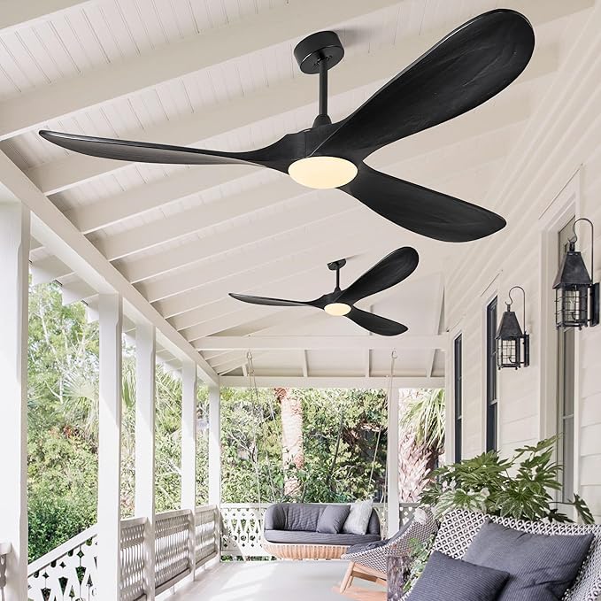 Ceiling Fans with Lights, 60 Inch Solid Wood Black Ceiling Fans with Lights and Remote Control for Outdoor Ceiling Fan with Light Propeller for Porch Farmhouse, DC ETL Listed, Matte Black