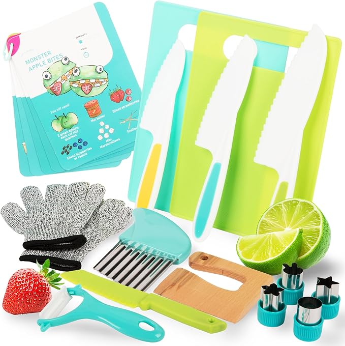 Kids Knife Set for Real Cooking - Montessori Kitchen Accessories & Visual Recipes by Tovla Jr. - Cutting Kit, Safe Knives, Cutting Board, Gloves, Peeler, Crinkle Cutter, & Recipe Booklet for Toddlers