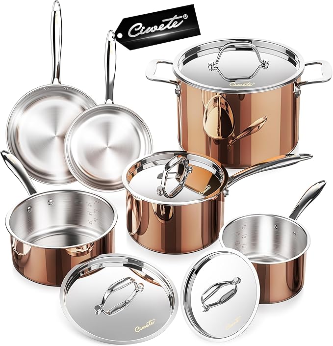 Whole Tri-ply 18/10 Stainless Steel Pot and Pan Set (10 Piece), Copper Pots and Pans Set with Stainless Steel Lid, Induction Cookware Set, Include Stock Pot, Saucepan, Frying Pan - Copper