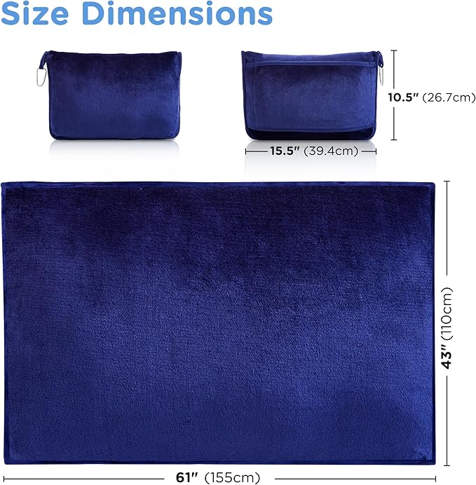 ATsense Travel Blanket Pillow, Premium 2 in 1 Soft Airplane Blanket Compact with Bag Pillowcase, Hand Luggage Sleeve and Backpack Clip - Travel Essentials for Long Trips, Flying and Car, Navy Blue