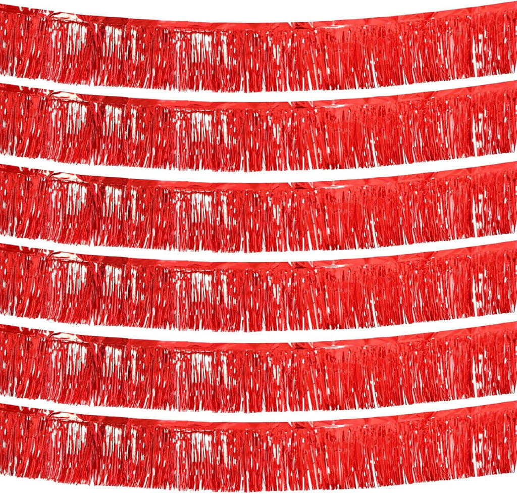 Red Foil Fringe Garland 10FT 6packs, Metallic Foil Tinsel Fringe Banners for Parade Float Decorations Wedding, Birthday Party Graduation (six Red)
