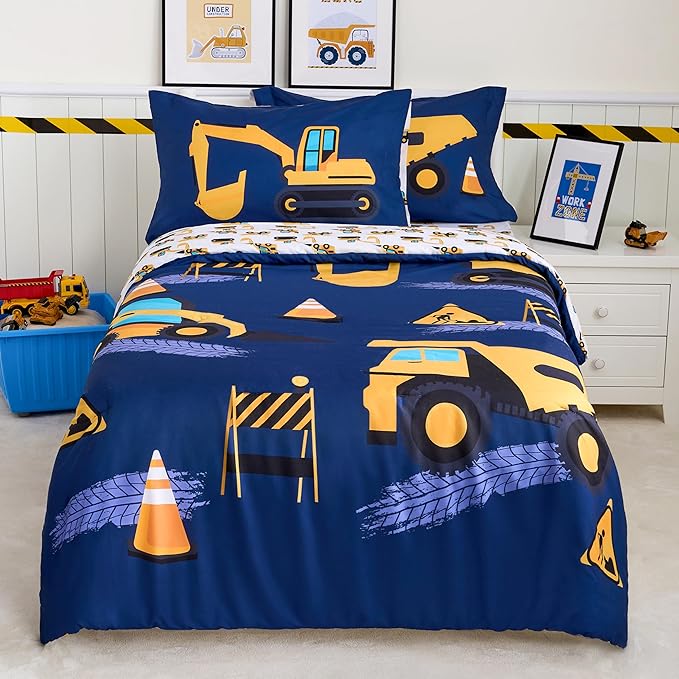 Joiedomi Kid Twin Comforter Set - 5 Piece Construction Vehicle Bedding Set for Boys/Girls - Super Soft Microfiber Bed in a Bag with Comforter, Sheets, Pillowcase & Sham