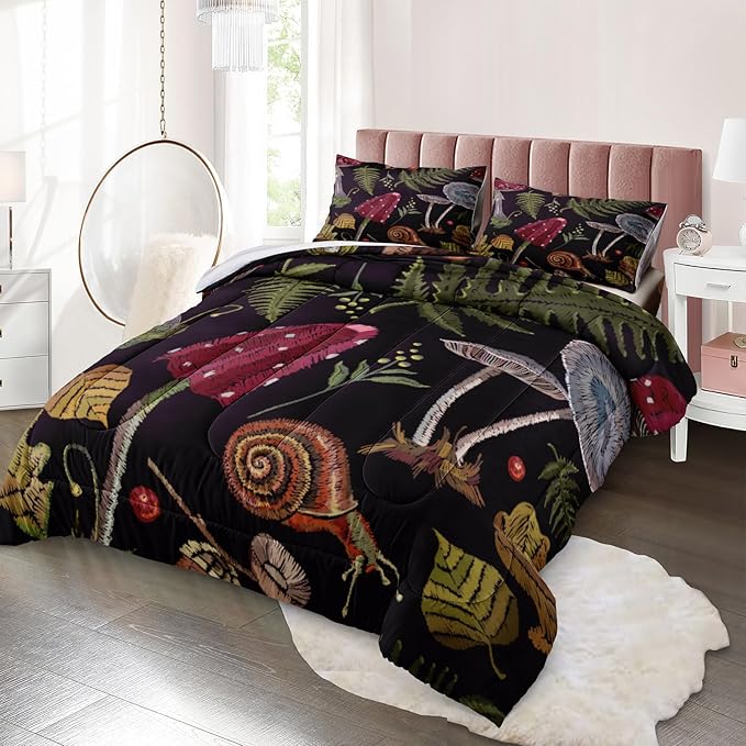 Bedbay Mushroom Comforter Set Queen Size 4 Pieces Retro Bedding Queen Bed Set Tropical Leaves Plant Mushroom Comforter Queen Set with 2 Pillowcases 1 Cushion Cover(Mushroom,Queen)