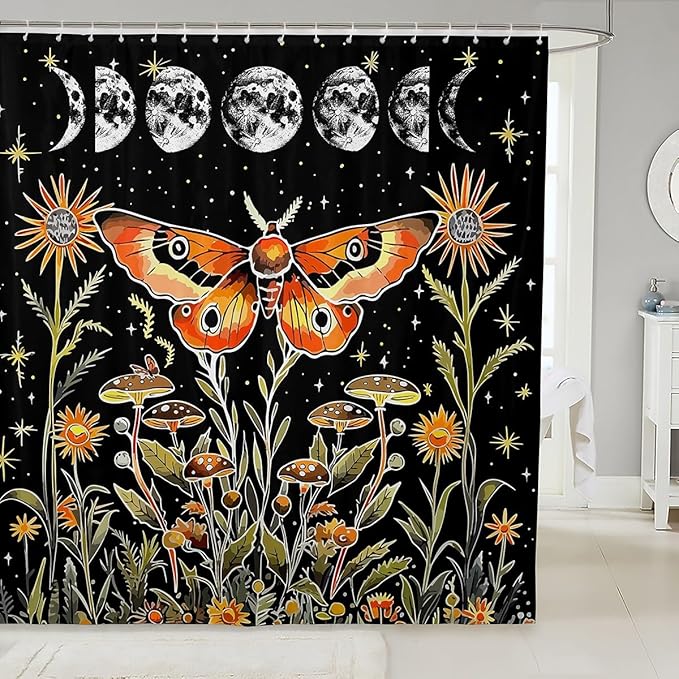 Feelyou Death Moth Shower Curtain Hippy Mushroom Fabric Shower Curtain for Kids Boys Girls Colour Bathroom Waterproof Accessories with 12 Hooks Bohemian Style Curtains,72x78 Inches