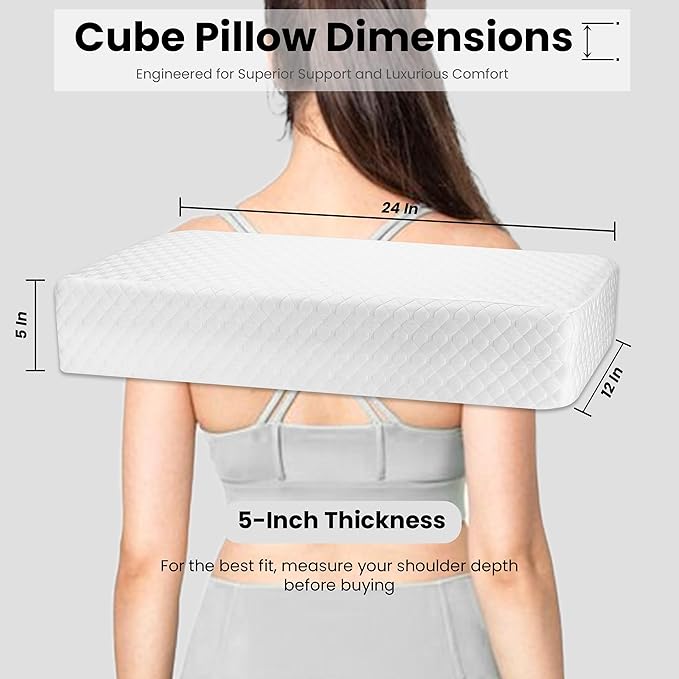 Cube Pillow for Side Sleepers, Pain Reduction Cube Memory Foam Pillow with Extra Pillow Cover | Pillow Cube Provide Head and Neck Support | 24 Inch Square Pillows, White