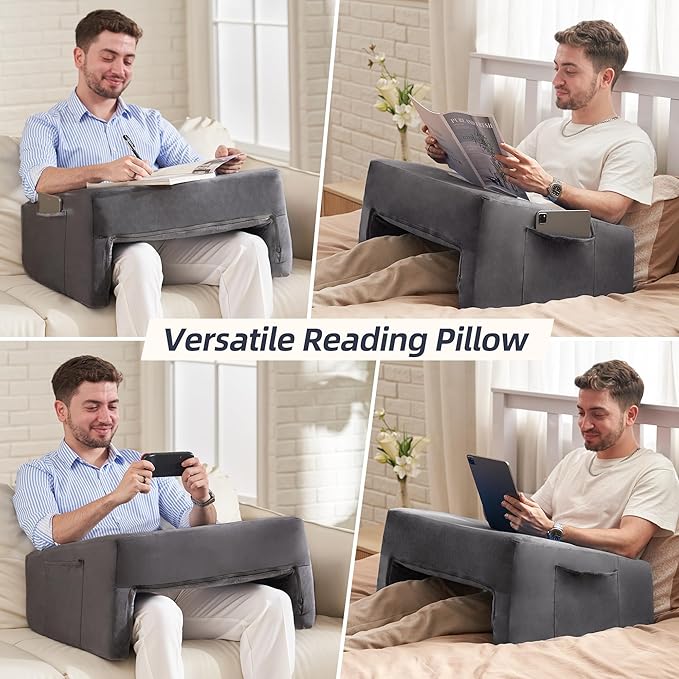 Homguava Reading Pillow Memory Lap Desk Foam Pillow for Adults Gaming Pillow Arm Rest Pillow for Reading, Crocheting, Gaming or Sitting in Bed (Grey, Large)