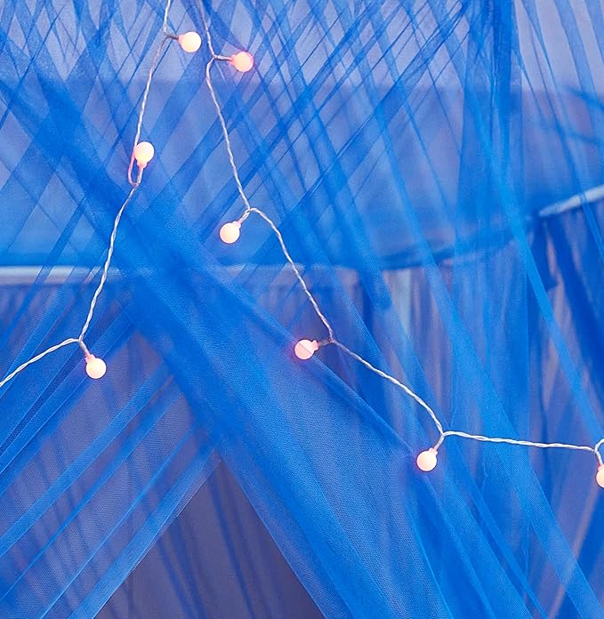Mengersi Canopy Bed Curtains Bed Canopy with Lights for Girls, Bed Netting Unique Style 4 Door Mosquito Net for Adults Women Bedroom Decor (Blue+Lights, California King)