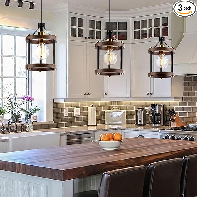 MO&OK Set of 3 Chandelier Vintage Pendant Light Fixture, Wood Color Farmhouse Wooden Metal Chandeliers, Open Frame Hanging Lighting for Diningroom,Bar,Entrance Hall,Kitchen Island H10.6 xD6.7