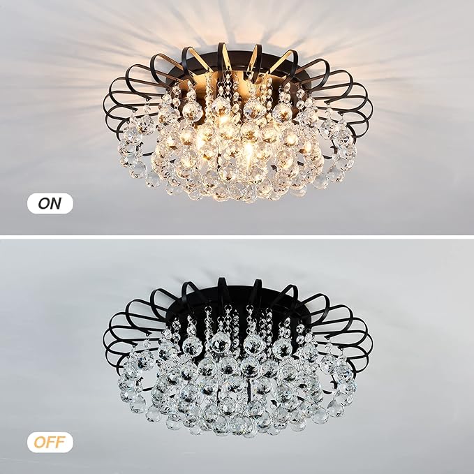 CVKASH Crystal Floral Chandelier 4-Light Antique Modern Black Flush Mount Raindrop Crystal Ceiling Lighting Fixture Chandelier for Living Room Bedroom Dining Room Entryway D17.71 H8.26