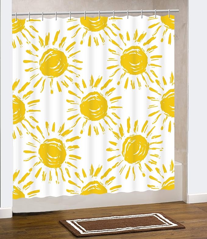 Happy Sun Pattern Shower Curtain. Warm Yellow Sunshine Rays will Instill a Feel of Warmth in your Master, Guest, Children's, College Dorm, Beach House Bathroom.