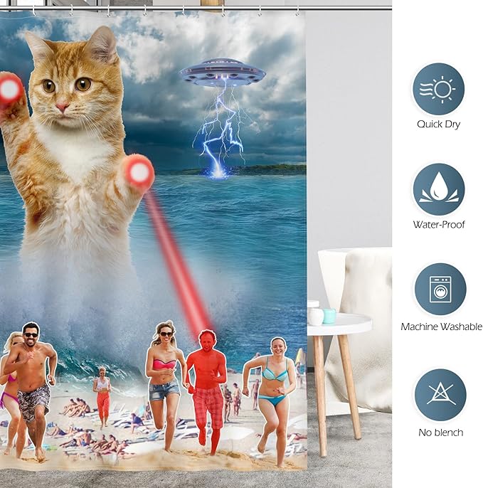 Aimego Long Funny Shower Curtain - Cute Cool Ocean Cat with Weird Adults Beach UFO Fun Fabric Cloth Bath Shower Curtain Set with 12 Hooks for Bathroom Decor Accessories Bathtub Curtain, 72"x78"