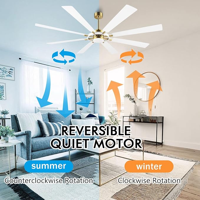 80" Ceiling Fan with Lights and Remote Control, Wood 8 Blades 6-Speed Noiseless Reversible DC Motor, 3 Downrods, Modern Large Ceiling Fan for Bedroom Dining Living Room, Gold Finish+White