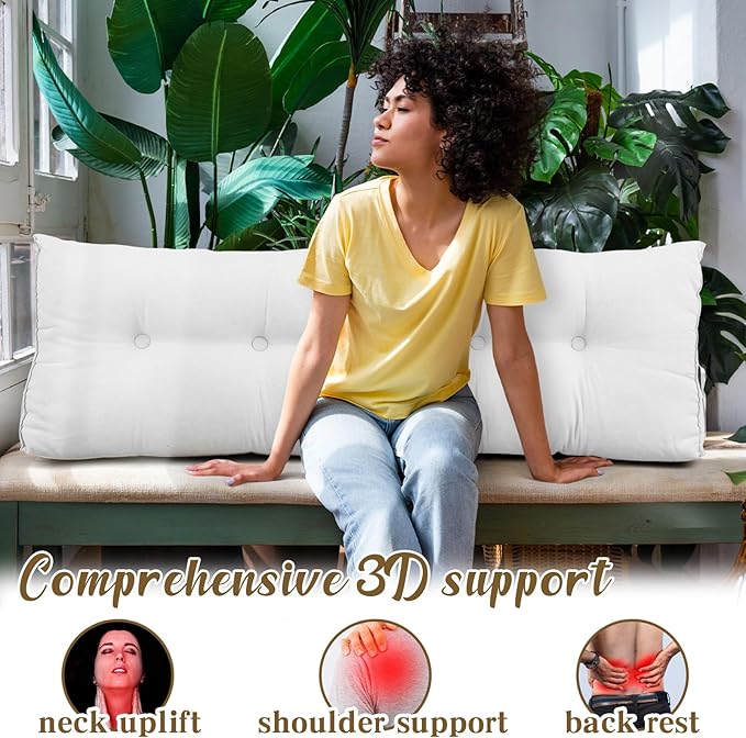 Wenqik Wedge Pillow Triangular Dorm Headboard Bed Rest Reading Backrest Back Support Long Bolster Pillow with Removable Cover for Dorm Room Supplies(White,Queen (59 x 20 x 8 Inch))