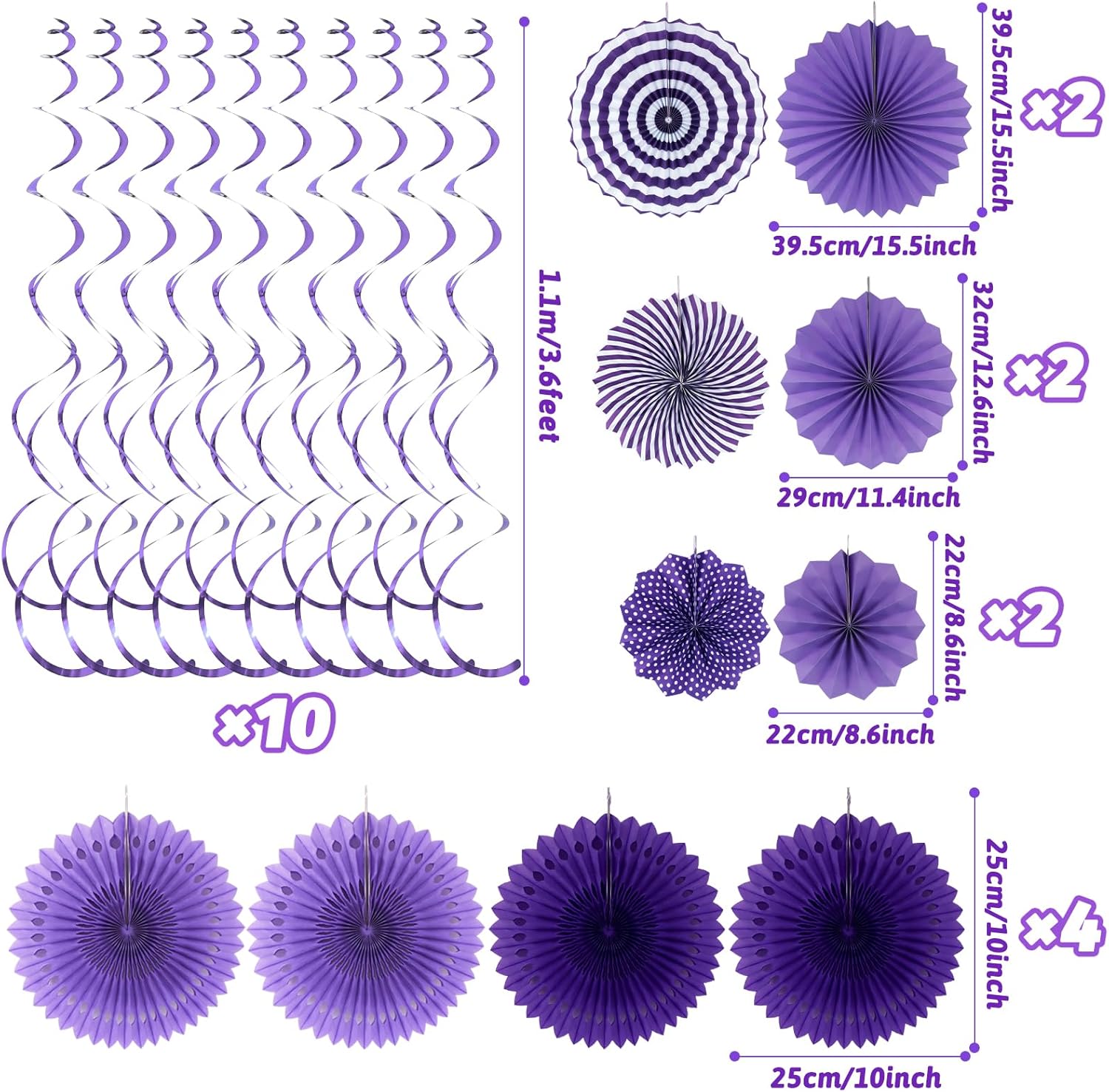 Purple Party Decorations, Birthday Party Supplies Easy Assembly Paper Fan Honeycomb Ball Garland Hanging Swirl for Graduation Birthday Baby Shower Bridal Shower Wedding Party Decorations
