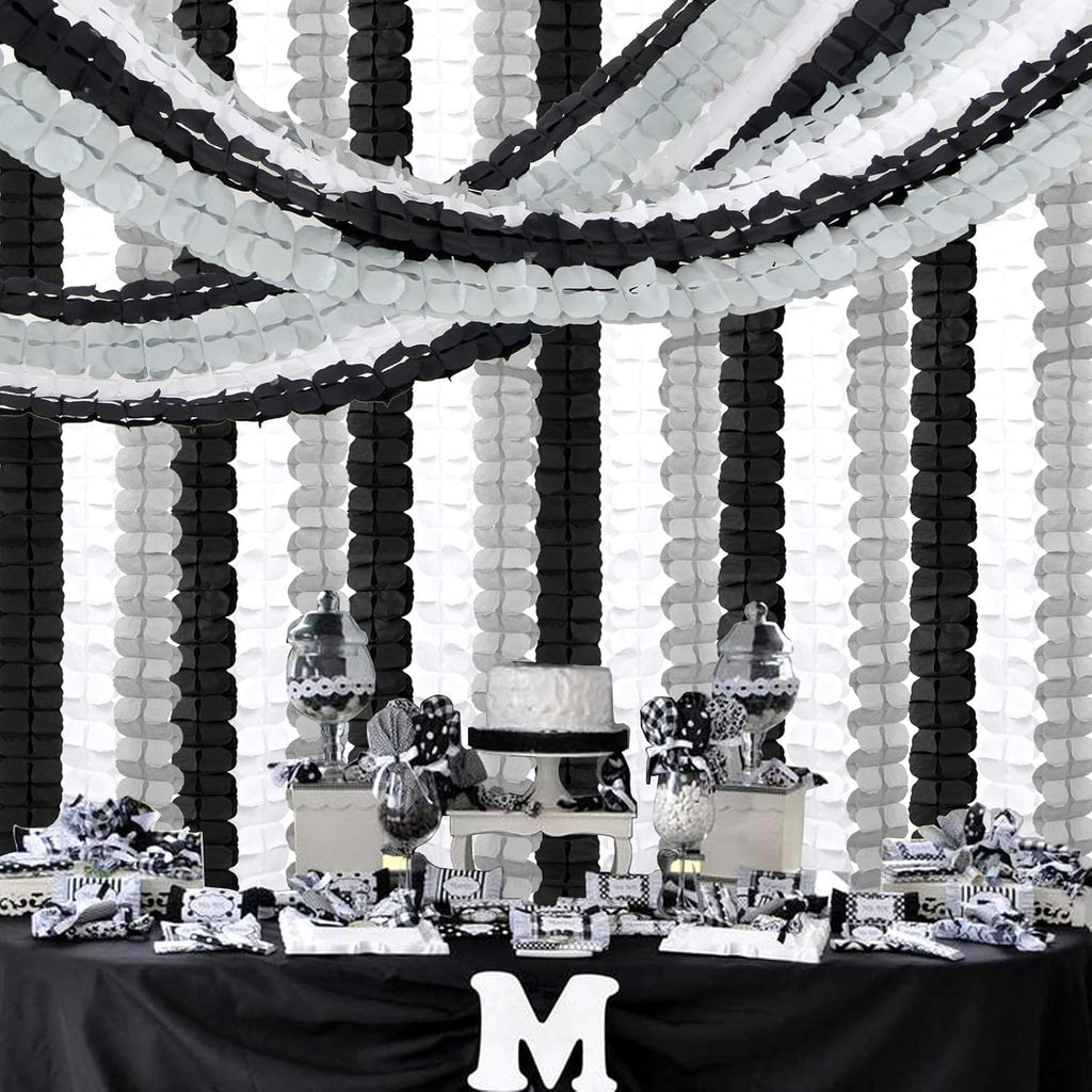 Black White-Silver Party-Decorations Streamers Garland - 157Ft Graduation Four-Leaf Clover Hanging Banner,Men Boys Birthday Engagement Wedding Baby Bridal Shower New Years Supplies Decor Hugtmr