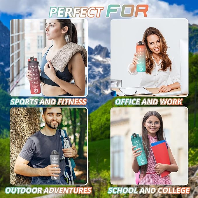 32 oz Water Bottle with Time Marker- Leak-Proof & BPA Free Reusable Gym Water Bottle - Easy to Carry Motivational Water Bottle for Fitness, Sports, Outdoor, Cycling, School (Day & Night)