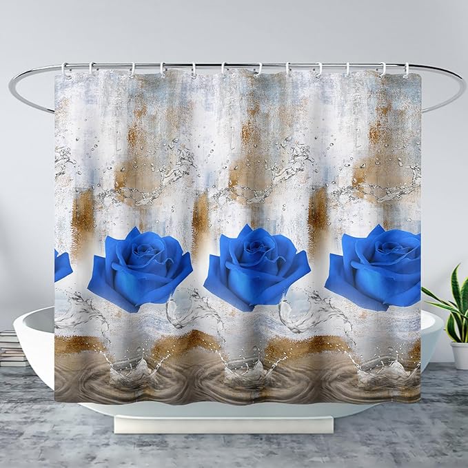 AILONEN Blue Rose Shower Curtain for Girls 3D Rose Water Droplet Retro Bathroom Decor,Modern Rose Flower Couple Lover Women Bath Curtain 48" W*72" H Polyester Waterproof Bathroom Curtain with Hooks