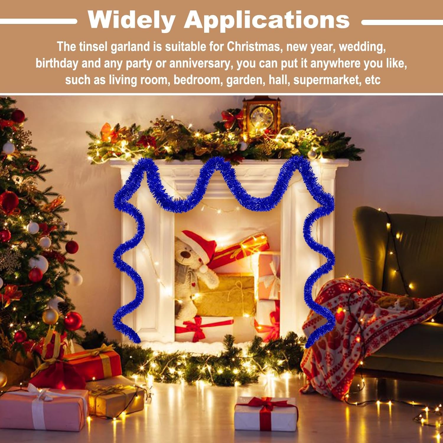 25 Feet Metallic Twist Tinsel Garland Backdrop for Parade Floats, Christmas Eve, New Year, Valentine's Day Party Decorations (Blue, 4in x 25ft)