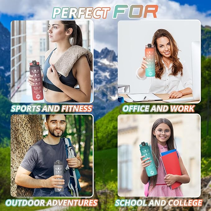 32 oz Water Bottle with Time Marker- Leak-Proof & BPA Free Reusable Gym Water Bottle - Easy to Carry Motivational Water Bottle for Fitness, Sports, Outdoor, Cycling, School (Light Green)