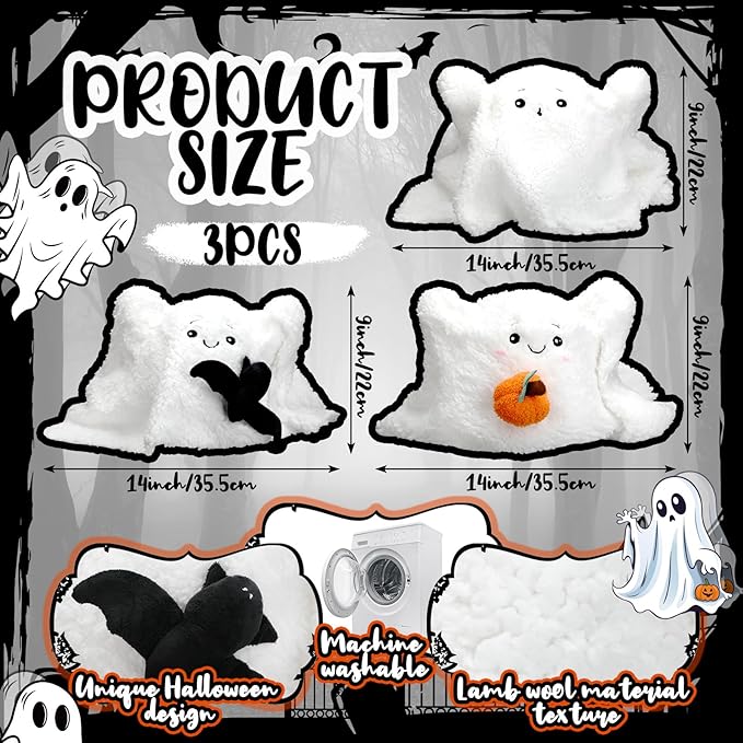 3 Pcs Halloween Pillows Ghost Decorative Throw Pillow with Pumpkin Pillow Cute Ghost Decor Halloween Ghost Throw Pillow with Bat Halloween Room Decor for Halloween Party, 14 x 9 Inches