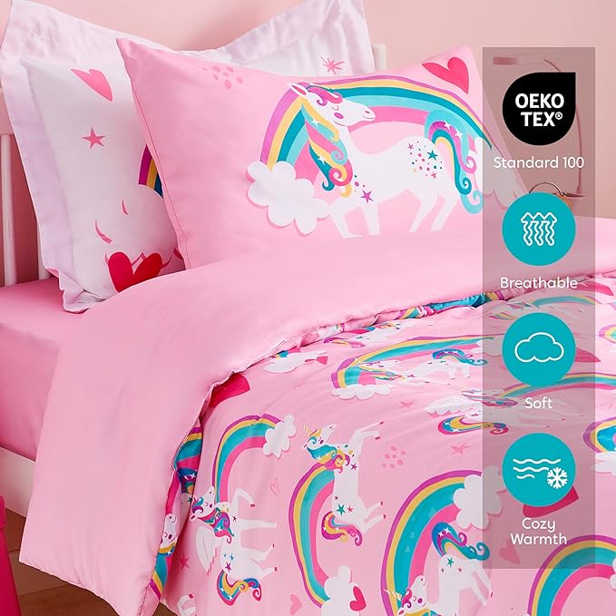 Joiedomi Kid Twin Comforter Set - 5 Piece Unicorn Rainbow Bedding Set for Boys/Girls - Super Soft Microfiber Bed in a Bag with Comforter, Sheets, Pillowcase & Sham