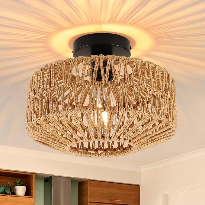 Boho Light Fixtures Ceiling Mount, Mini Boho Rattan Chandelier, Woven Flush Mount Ceiling Light Fixture for Hallway Bedroom Kitchen Entryway Living Room Nursery