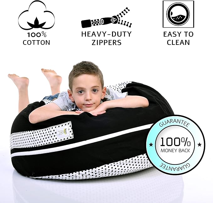 2 Sizes in 1 Stuffed Animal Storage Bean Bag Chair Cover for Kids & Adults | Washable XL Stuffie Seat | 100% Cotton | Pouf Organizer for Plush Toys, Linens, Quilts & Pillows | Black & White