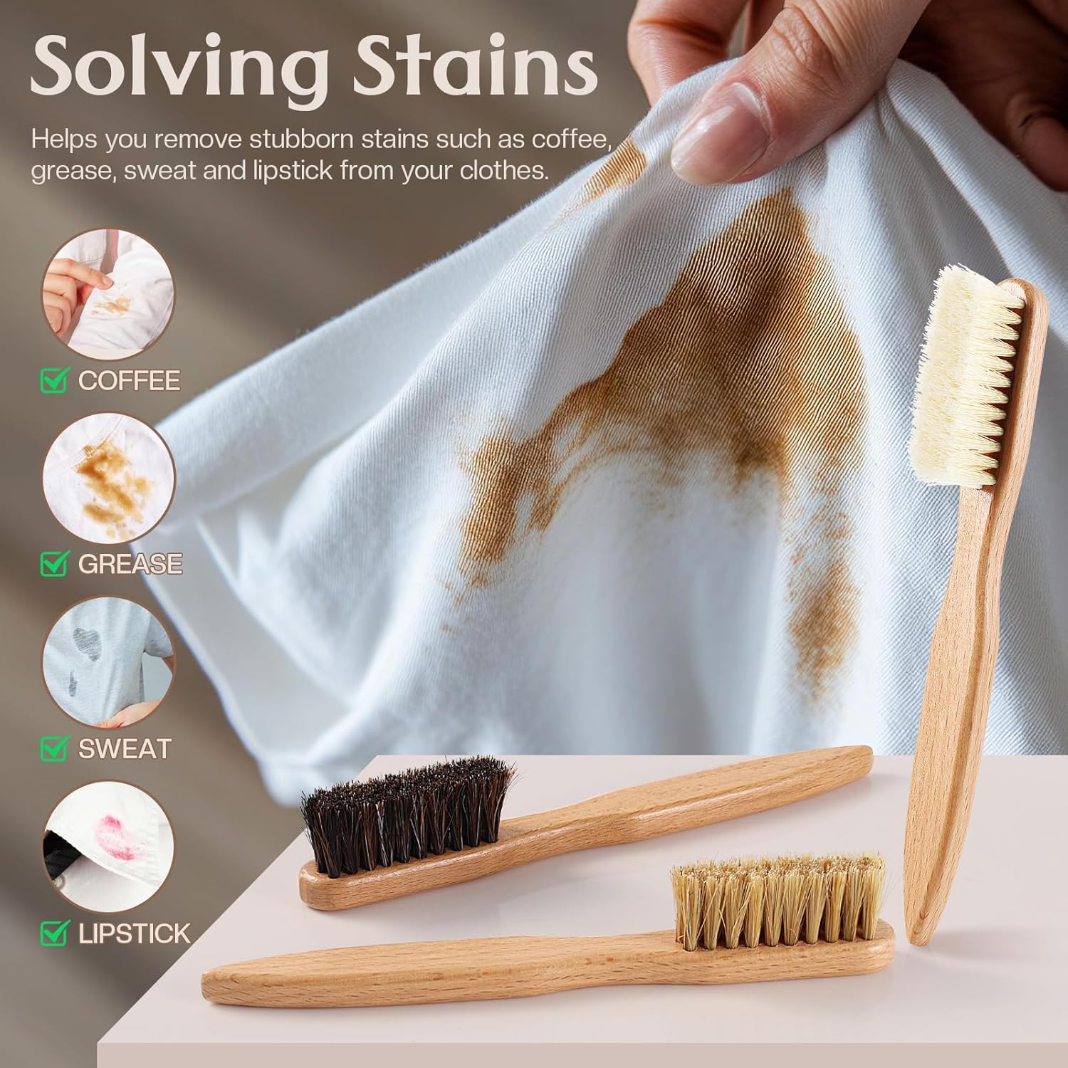 3 Pcs Wood Laundry Stain Brush Stain Remover Brushes with Boar Bristle Small Stain Brush for Clothes for Scrubbing Stains from Furniture Fabric Leather(3 Pcs C)