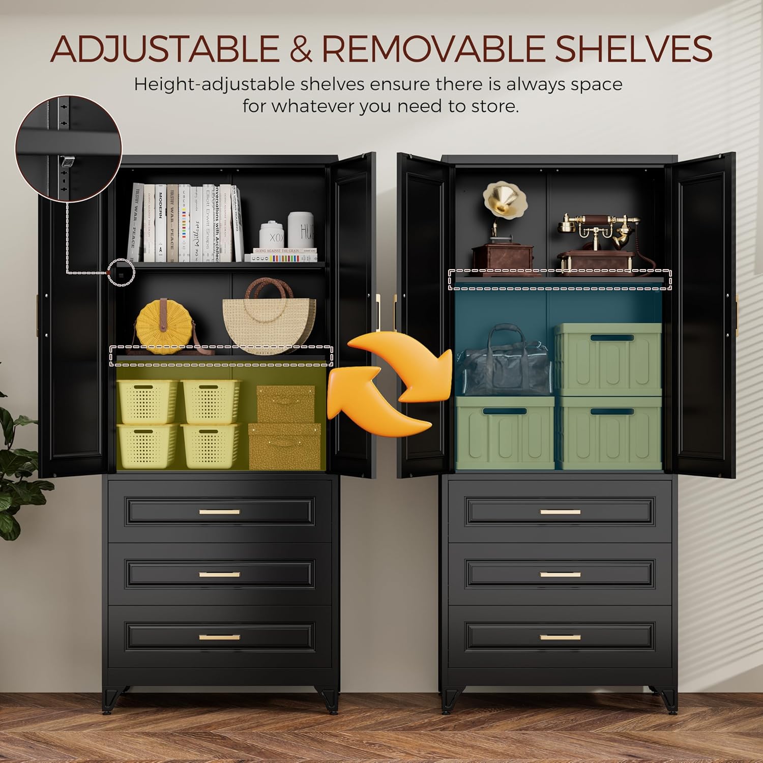 75" Kitchen Pantry Cabinet, Metal Storage Cabinets with Doors and Adjustable Shelves, Black Tall Pantry Cabinet with 3 Drawers for Dinning Living Room