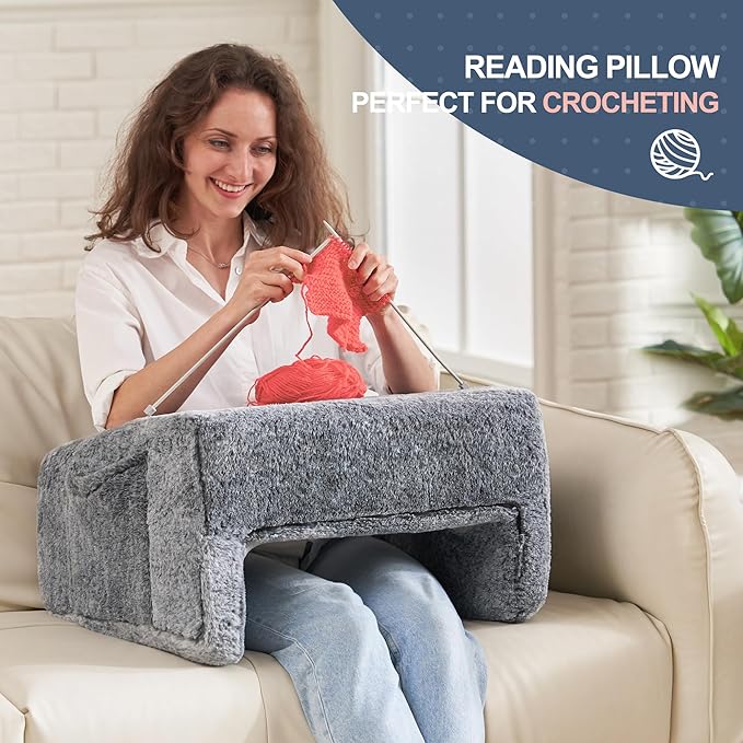 Homguava Reading Pillow Memory Lap Desk Foam Pillow for Adults Gaming Pillow Arm Rest Pillow for Reading, Crocheting, Gaming or Sitting in Bed (Furry Grey, Medium)