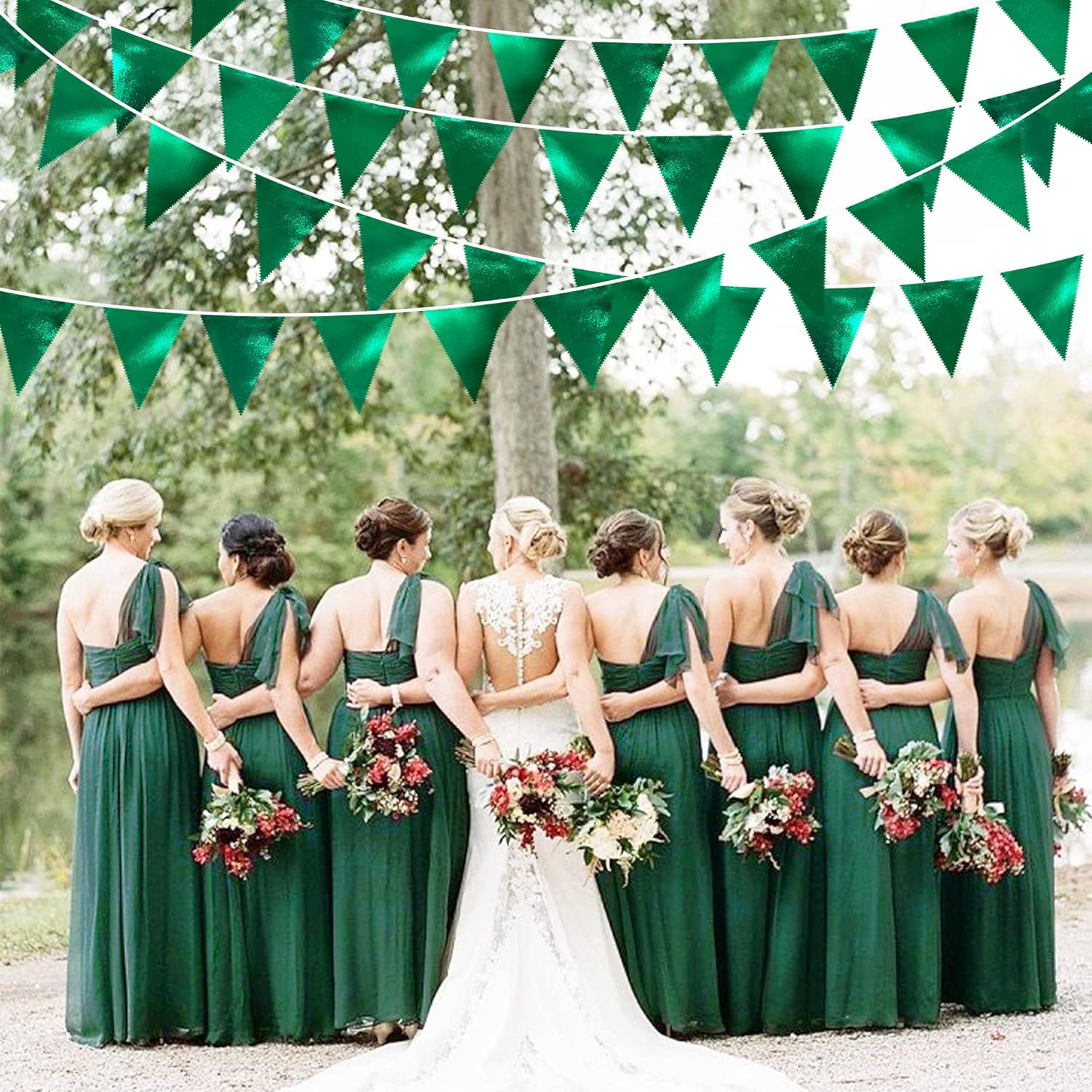 Green Party Decorations Triangle Pennant Banner Flag Dark Green Metallic Fabric Bunting Garland for Graduation Wedding Bridal Shower Birthday Baby Shower Holiday Retirement Game Party Supplies