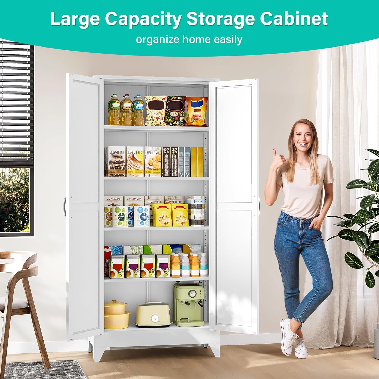 75" Tall Pantry Cabinet,Farmhouse Kitchen Pantry Storage Cabinets with 2 Doors and 5 Shelves,White Metal Storage Cabinet,Large Cupboard for Home,Kitchen,Dining/Living Room