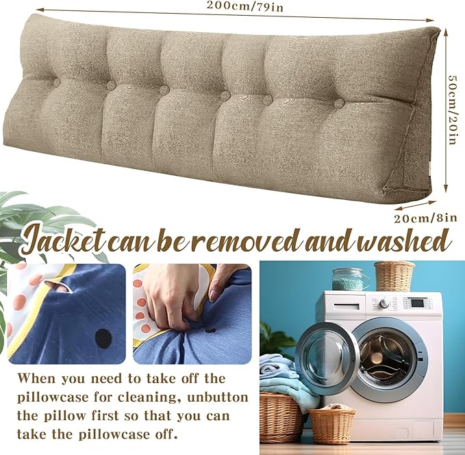 Wenqik Wedge Pillow Triangular Dorm Headboard Bed Rest Reading Backrest Back Support Long Bolster Pillow with Removable Cover for Dorm Room Supplies(Khaki Gray,King (79 x 20 x 8 Inch))