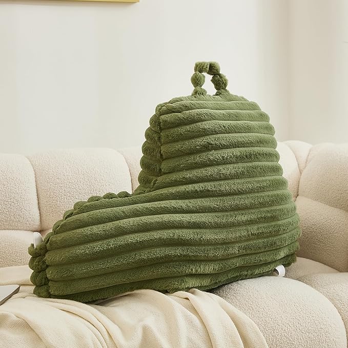 WERDIM Reading Pillow for Sitting in Bed, Faux Fur Back Pillow for Bed Rest, Bed Chair Pillow with Arms and Pockets(Large, Sage)