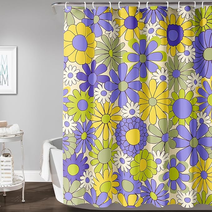 AILONEN Flower Shower Curtain for Bathroom,Polyester Fabric Waterproof,Purple Yellow Plants Flowers Bath Curtains Washable, 48" W x 72" H