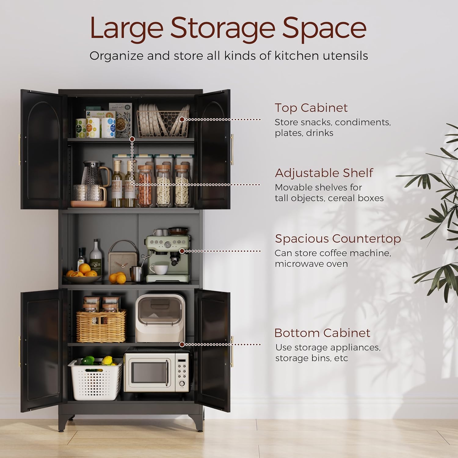 75" Tall Kitchen Pantry Storage Cabinet, Metal Storage Cabinets with 4 Doors and Adjustable Shelves, Black Kitchen Hutch Cabinet with Microwave Stand, Large Cupboard for Dining Living Room