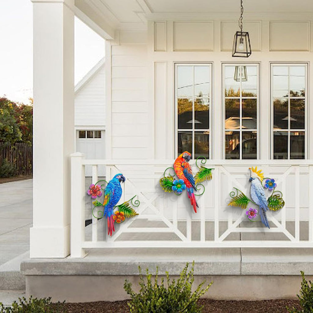 Metal Colorful Parrots Wall Art, 12 Inches Parrot Large Hanging Outside Decoration 3 Pack, Metal Bird Wall Decoration, Decor Outdoor Decorations for Yard, Garden Ornaments Patio Outside Porch Decor