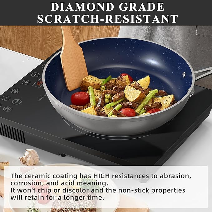 Nuwave Healthy Duralon Blue Ceramic Nonstick Cookware Set, Diamond Infused Scratch-Resistant, PFAS Free, Dishwasher & Oven Safe, Induction Ready & Evenly Heats, Tempered Glass Lids & Stay-Cool Handles