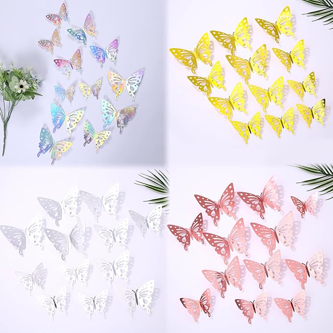 3D Butterfly Wall Decor 48 Pcs 4 Styles 4 Colors 3 Sizes,Gold Silver Laser Rose Butterfly Decorations for Butterfly Birthday Decorations Butterfly Party Decorations Cake Decorations,Removable Sticker