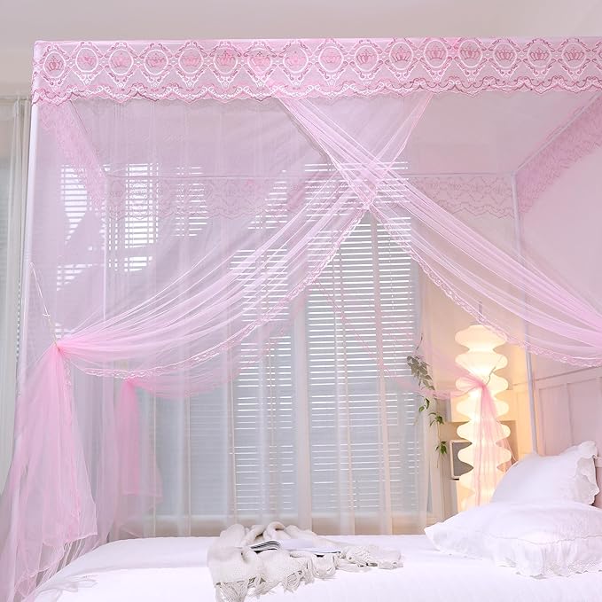 Bed Canopy, Princess Bed Curtain Net for Girls & Adults，Three-Doors Rectangle Lace Dome Netting (Baby Pink, Queen)