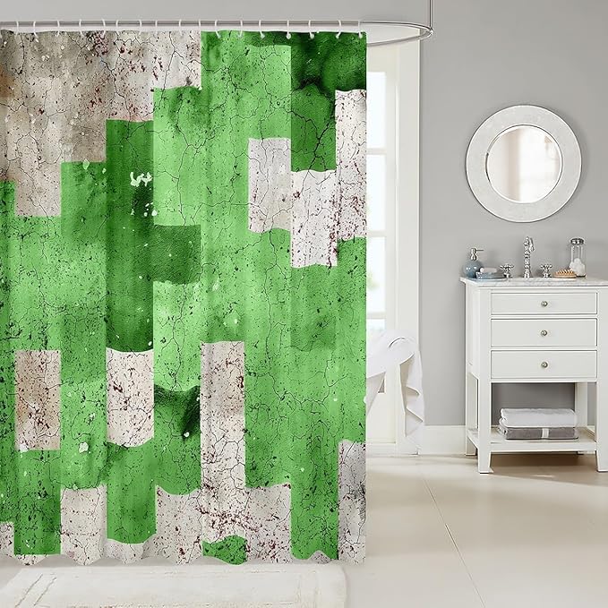Feelyou Kids Geometric Green Bath Curtain Geometry Shower Curtain Stripe Line Bathroom Shower Curtain Set Boys Girls Modern Art Teens Bathroom Accessories Room Decor 72"x84"