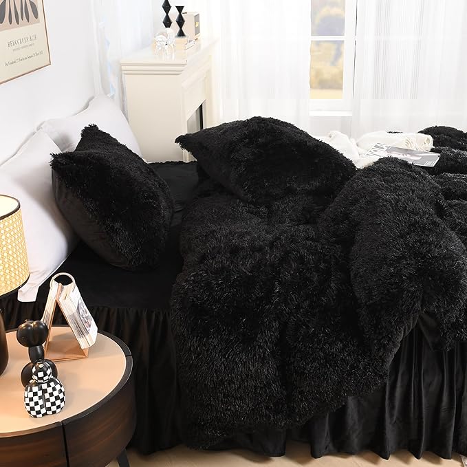 Litanika Black Fluffy Comforter Queen, Luxury Fuzzy Plush Faux Fur Bedding Set for Queen Bed, Ultra Soft Velvet Warm Comforter 3 Pieces(1 Shaggy Comforter 90×90 Inch, 2 Pillowcases)