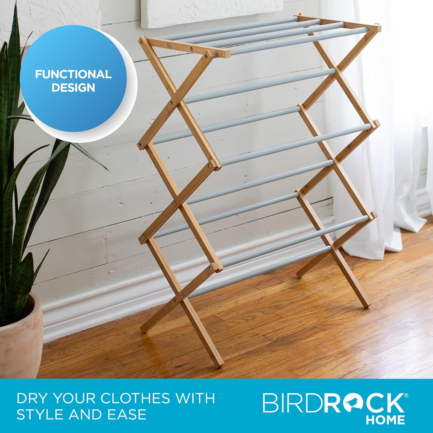 BirdRock Home Wooden Clothes Drying Rack | 3-Tier Foldable Bamboo Laundry Stand | Water-Resistant, Fully Assembled, Collapsible Indoor/Outdoor Dryer for Hanging Clothes | Grey