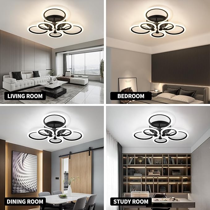 Modern LED Ceiling Light,Dimmable 6 Rings Flush Mount Ceiling Light Fixtures,3000K-6500K 81W Ring Ceiling Lamp with Remote for Bedroom,Dining Room,Living Room,Black
